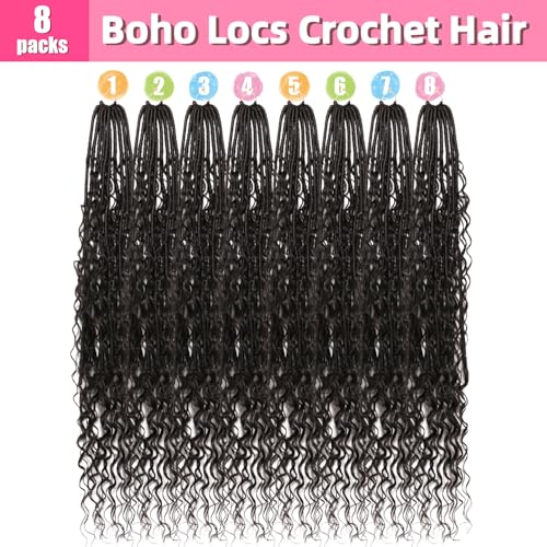 Boho Faux Locs Crochet Hair 30 Inch - 8 Pack Goddess Locs for Black Women, Variation of 1B