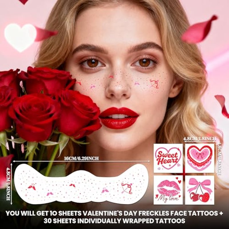 Cerlaza Valentines Day Accessories, 40 Pcs Valentines Temporary Tattoos Heart Glitter Freckles Face Stickers Makeup for Woman, Valentine's Day Trinkets Decorations Party Favors Goodie Bag Stuffers