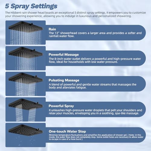 Square 13-Inch Rain Shower Head with 5 Modes & Handheld Spray - Matte Black