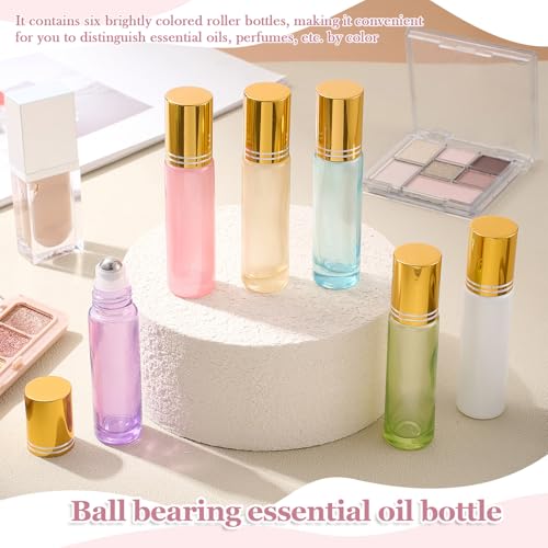Hushee 60 Pack 10ml Roll on Bottles Set - 6 Color Glass Essential Oil Roller Bottles Empty with Funnels, Droppers & Openers, Leak-proof Stainless Steel Balls for Aromatherapy, Perfume DIY & Lip Balm