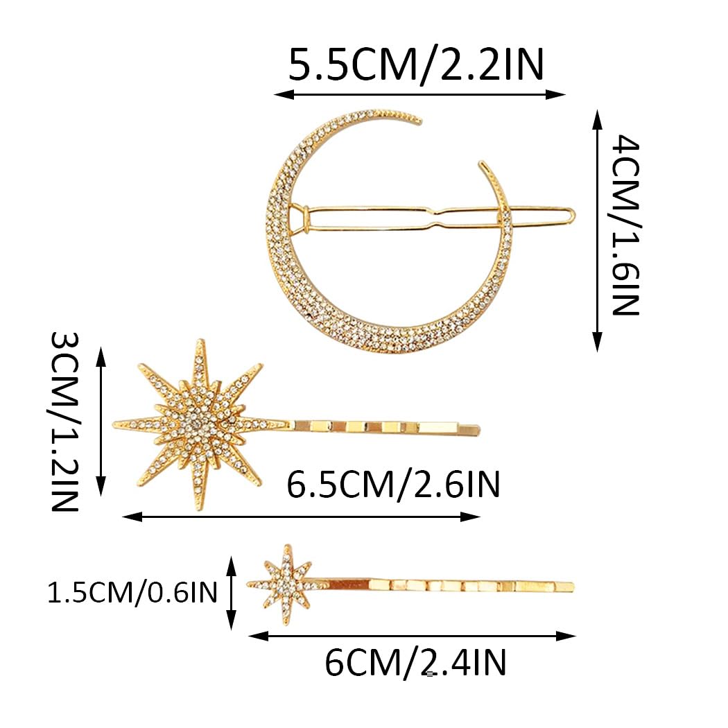 BARTOSI Moon Star Hair Clips Gold Stars Hair pins Crystal Celestial Hair Accessories for Women and Girls (Pack of 3)