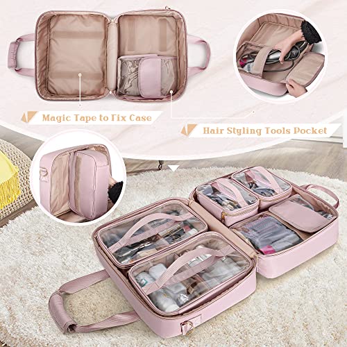 Professional Makeup Artist Travel Case with 4 Detachable Cosmetic Bags, Large Make up Organizer Bag with Makeup Kit Storage Section and Hair Tools Pocket, Pink (Empty Bag Only)