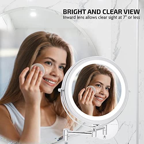 OVENTE Wall Mounted Lighted Makeup Mirror, 9" Double Sided 1X/10X Magnifying Vanity Mirror for Bathroom with LED Lights, Cordless, 360¡Æ Rotation and 13" Extendable Arm, Polished Chrome MFW85CH1X10X