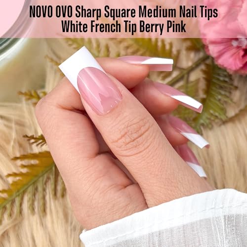 NOVO OVO Sharp Square White French Tip Nail Tips Berry Pink Set – Medium, 15 Sizes, Thick Soft Gel Fake Nails for Salon & DIY