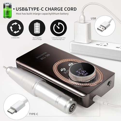 Electric Nail File for Acrylic Nail Kit 45000RPM Electric Black Nail Drill Professional Manicure Pedicure Set with Nail Drill Kit Bits Efile Cordless for Manicure