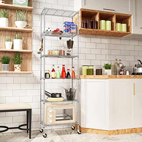 6-Tier Wire Storage Shelf with Casters and Side Hooks - 21.26 x 11.42 x 72.05 Inch, Silver Gray