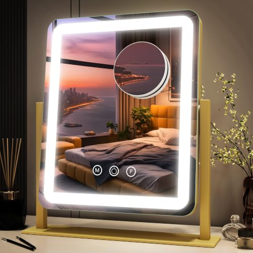 Lighted Vanity Mirror with Lights - 15x12.6 Inch LED Touch Screen, Dimmable & 3-Color Modes - Gold, Adjustable Brightness