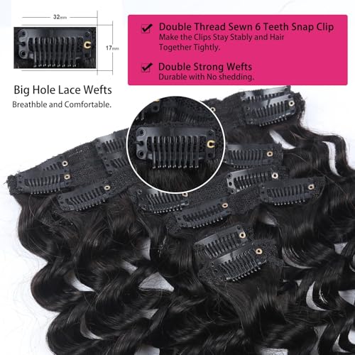 Clip-In Hair Extensions 16 Inch Remy Human Hair Deep Wave Curly Black 8Pcs 100g Variation of THIS listing