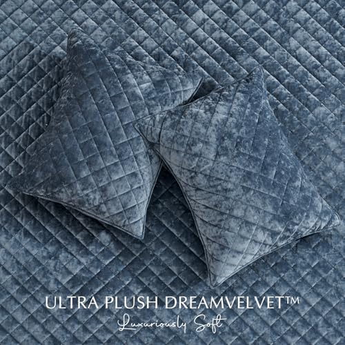 EverGrace Oversized Velvet Quilt Set - King Stormy Blue Diamond Embellished