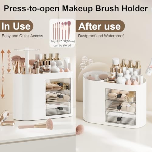 DASITON Makeup Organizer with 3 Drawers,Automatic Lifting Makeup Brush Holder with Lid,Large Capacity Makeup Organizers for Vanity,Bathroom Countertop,Ideal Storage Skin Care,Brushes,Lipstick (White)