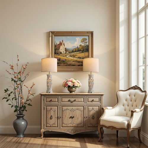 27.25-Inch Farmhouse Table Lamps Set of 2 with Night Light - Rustic Distressed Wood Finish