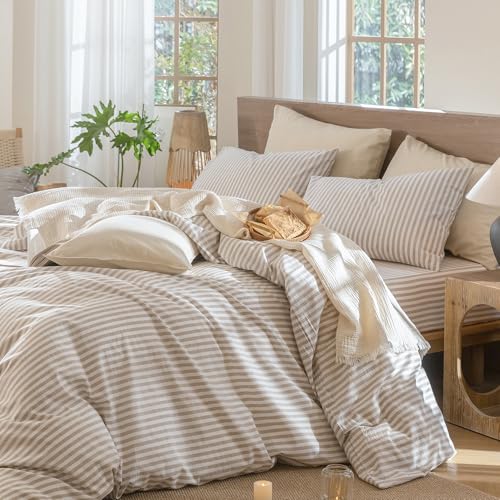 MooMee Classic Stripes Cal King Duvet Cover Set - Tannish Linen Grey White, 100% Washed Cotton