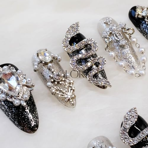 Luxury Long Almond Press-On Nails, Black and Silver Glitter with 3D Rhinestones and Pearl Accents, Handmade False Nail 10 Pieces (Small, LS)