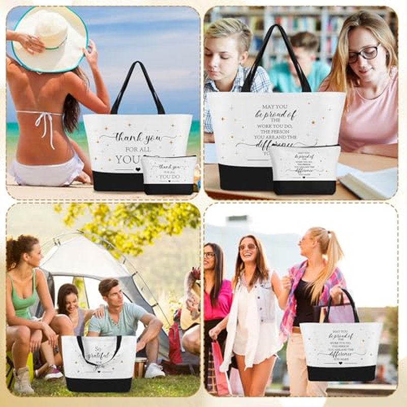 12 Pcs Thank You Canvas Tote Bag for Women Mother's Day Gifts Bags Inspirational Makeup Bag with Zipper Employee Appreciation Tote Bags for Mom Nurse Teacher Lady Team Coworker