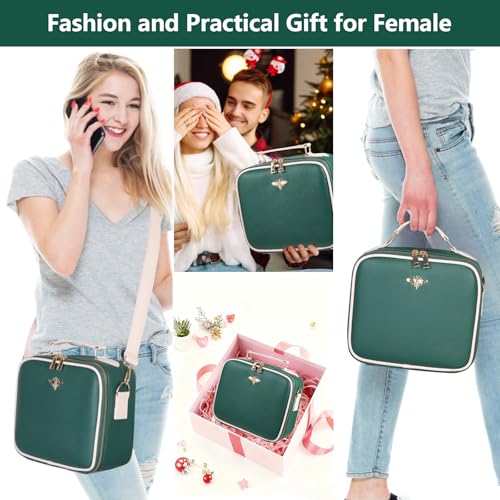 Travel Makeup Bag with Light Up Mirror - Green Waterproof Cosmetic Case with LED Lights & Adjustable Dividers