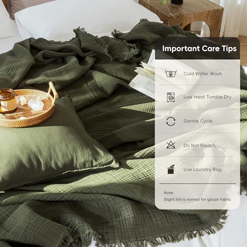 Olive Green MooMee 100% Cotton Gauze Bed Throw Blanket, 4-Layer Fringed Summer Cover