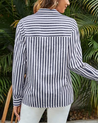 Large Navy Women's Striped Long Sleeve Button-Down Blouse Casual Top