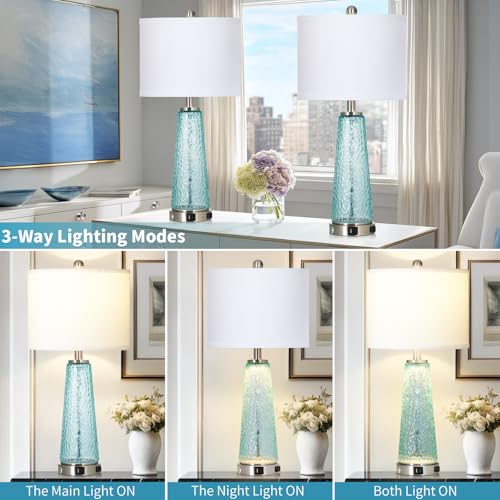 Teal Coastal Glass Table Lamp with USB & Outlet - 26 Inch Nightstand Lighting