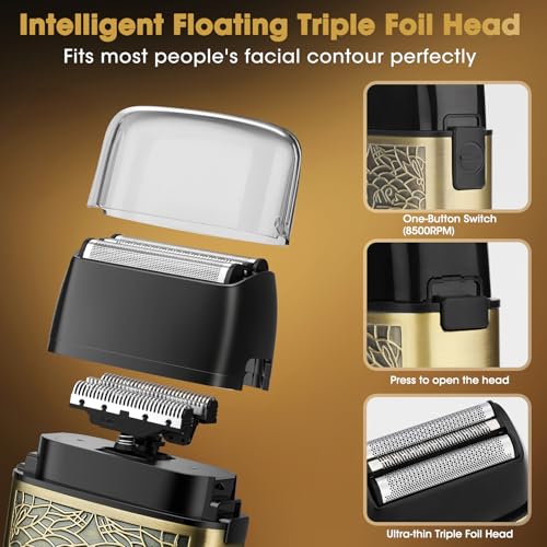 Bronze Electric Shaver for Men, Waterproof Triple Foil Razor, USB Rechargeable Bald Head Grooming