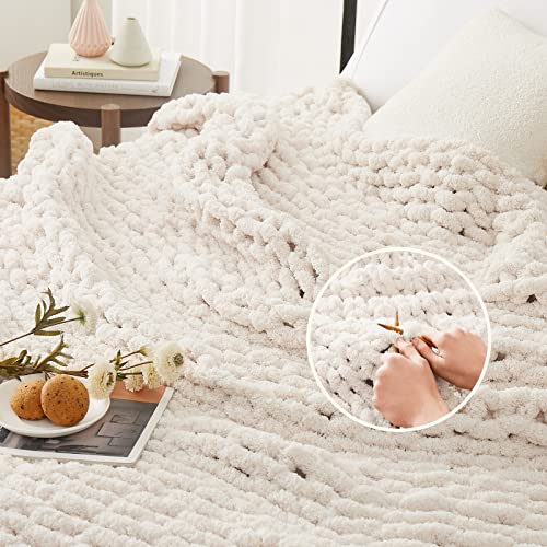 L'AGRATY Ivory Chunky Knit Throw Blanket 80x90 Inches for Couch & Bed