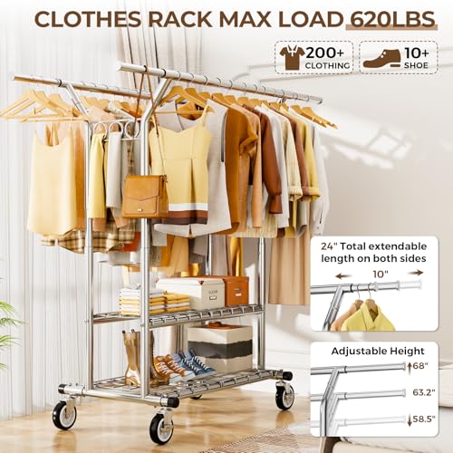 Heavy Duty Rolling Clothes Rack 620 LBS Capacity - Silver Large