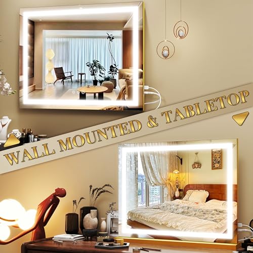 Gold Vanity Mirror with Lights 23x18 Inch Full View Dimmable LED Beauty Mirror - Detachable Magnifier