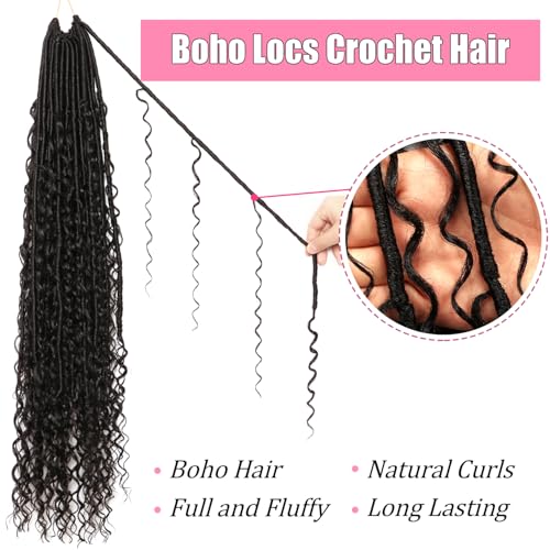 Boho Faux Locs Crochet Hair 30 Inch - 8 Pack Goddess Locs for Black Women, Variation of 1B
