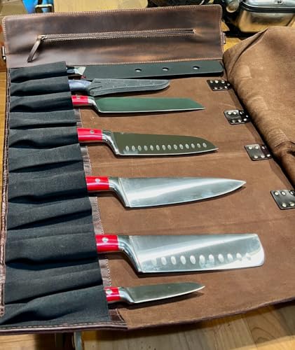Rustic Town Genuine Leather Chef Knife Roll - Walnut Brown, Holds 11 Knives