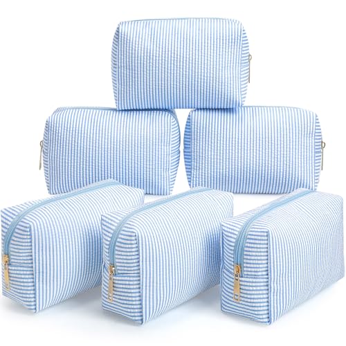 Sanwuta Light Blue Seersucker Cosmetic Bags Bulk - 6 Pcs Zippered Makeup Pouches