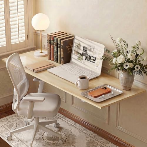 Wall Mounted Folding Kitchen Table Desk - Natural Wood, 47x20.5 Inches — Space Saving Fold Down Workbench for Small Spaces