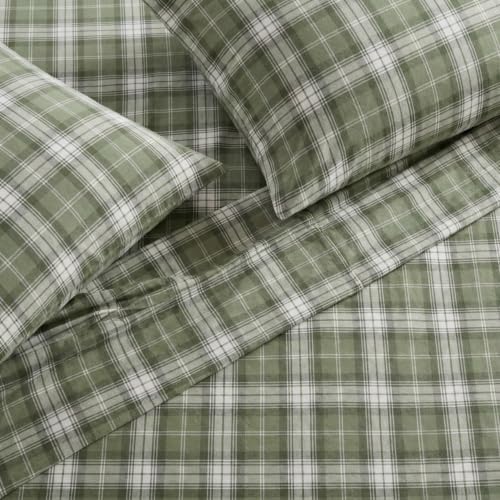 Queen Fitted Sheet Set with Pillowcases - Heartland Plaid Green - Eddie Bauer