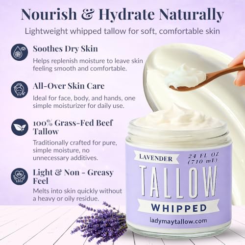 Whipped Tallow 24oz - All Natural Face Cream + Whole Body Moisturizer for Dry Skin - Made With Scented Oil Blend - No Preservatives, Parabens or Seed Oils - USA Made (Lavender)