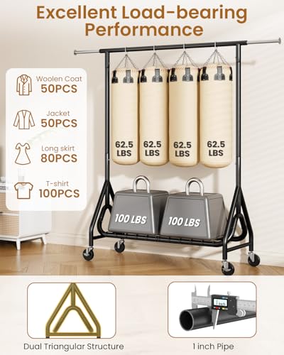 Heavy Duty Metal Clothes Rack with Lockable Wheels - Black, Single Rod