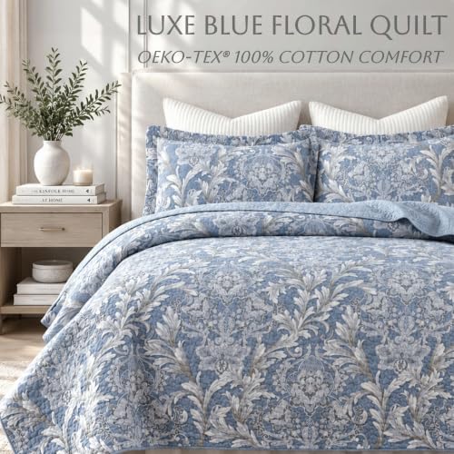 Queen Size 100% Cotton Quilt Set Blue Floral reversible sham included