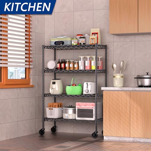 Adjustable Heavy Duty Wire Shelving Unit with Wheels - 4 Shelves, Black