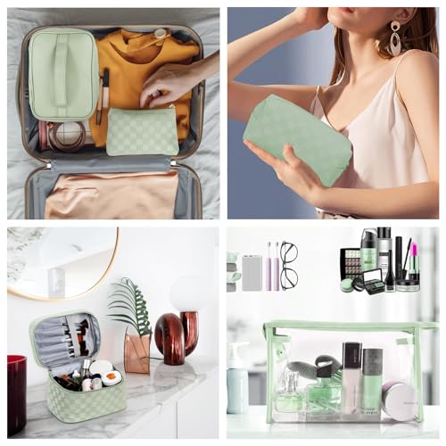 Waterproof Leather Makeup Bags Set of 4 - Green Variation - Travel Organizer for Cosmetics & Toiletries