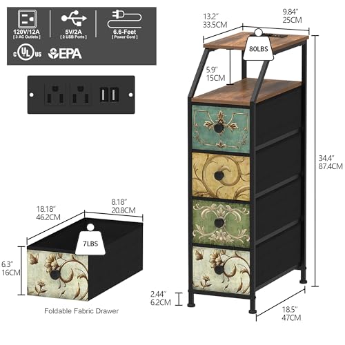 Retro Flower Narrow Vertical Dresser with Charging Station, 4 Drawers - Slim Storage Tower for Bedroom, Bathroom, Small Spaces