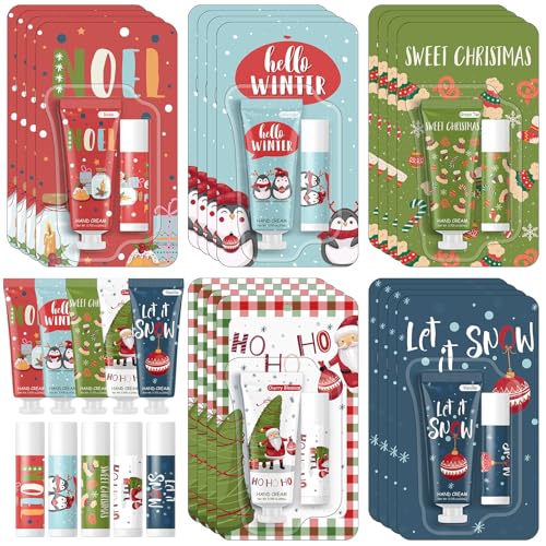 15 Pcs Christmas Hand Cream and Lip Balm Gift Sets, Christmas Stocking Stuffers Travel Size Hand Lotion Lip Balm Xmas Party Holiday Gifts for Women Mom Staff Coworkers Adult Girls