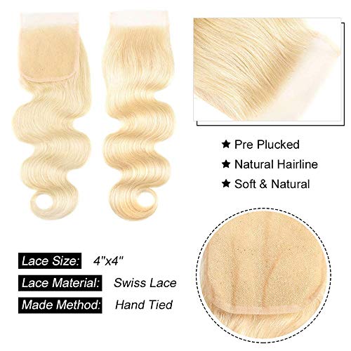 InsQueen 613 Blonde Human Hair Bundles with Closure 10-20 Inch Body Wave 4x4 HD Lace