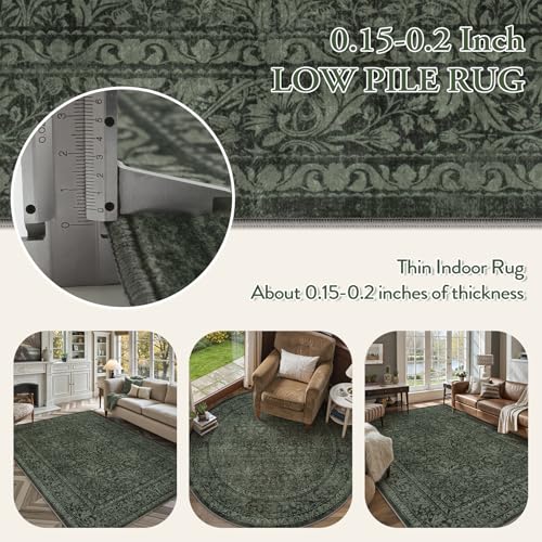 Lahome 8x10 Green Floral Washable Rug - Boho Vintage Style for Living Room