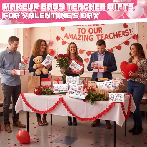 Teacher Appreciation Gift Makeup Bags - Bulk 30 Pcs Canvas Zippered Pouches with Valentine's Day Theme