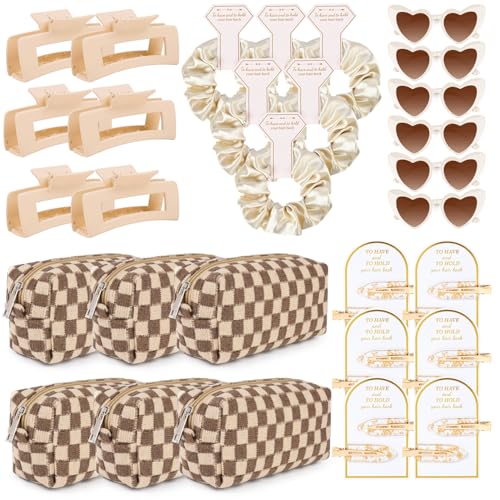6 Sets Bridesmaid Proposal Gift Set with Hair Clips Scrunchies Sunglasses & Makeup Bag - Brown Checkered