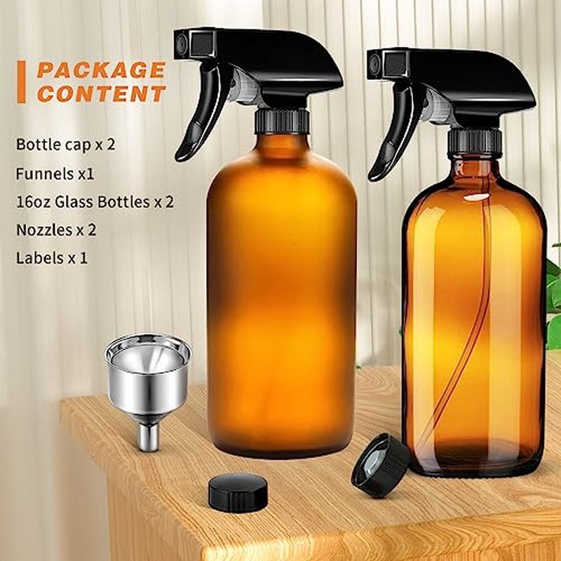 Glass Spray Bottle, 2 Pack 16oz Empty Sprayer with Funnel & Cap & Labels, Large Refillable Mist Bottles for Cleaning, Plant, Essential Oil, Facial Hydration, Water Flower & Hair, (Amber & Frosted)