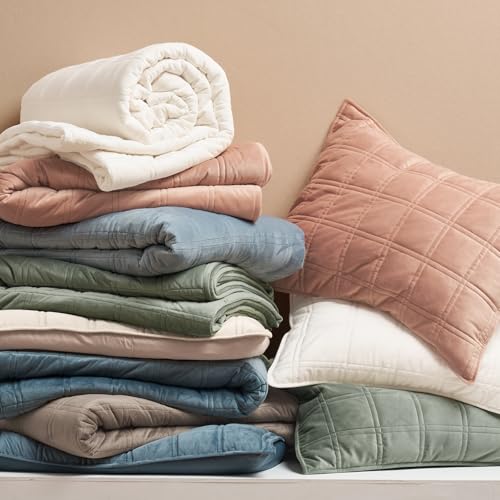 Double Box Stitch Velvet Quilt Set - King Beige Luxurious Bedding with Sham, Oversized