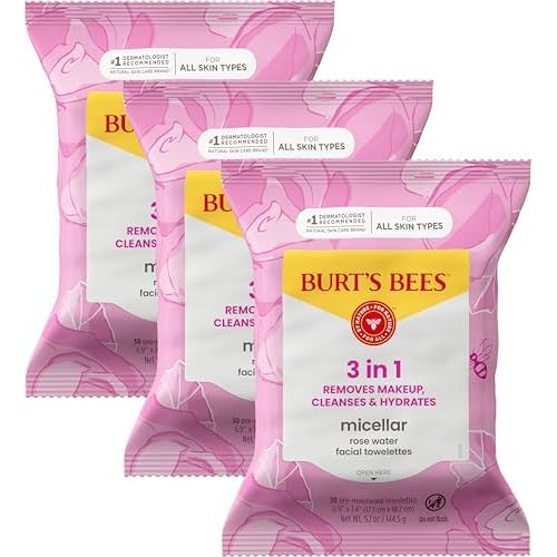 Burt¡¯s Bees Micellar Rose Water Facial Towelettes, 100% Plant Based Cloth; 99% Natural Origin; Remove Makeup, Cleanse, Hydrate; No Oily Residue; All Skin Types; 30 Ct, Pack of 3 (Pack May Vary)