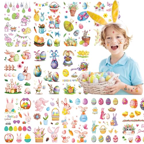 Glitter Easter Bunny Temporary Tattoos for Kids Easter Eggs Flower Decoration Stickers Happy Easter Basket Stuffers 12 Sheets, Children Rabbit Birthday Party Favors Class Rewards