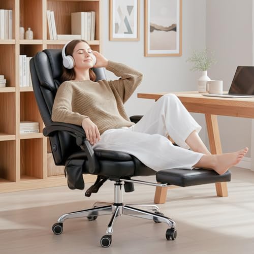 Massage Office Chair with Footrest & Lumbar Support - Black, Set of 1 - Ergonomic Executive Desk Chair