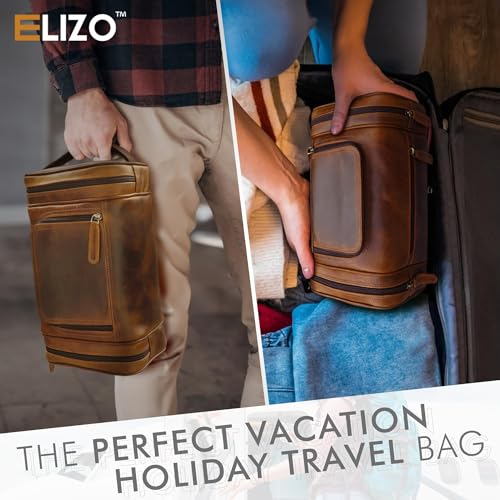 ELIZO Antique Extra Large Leather Toiletry Bag for Men Waterproof Hanging Dopp Kit Travel Organizer