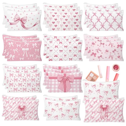 Pink Bow Makeup Bags Set for Women - 30 Coquette Cosmetic Pouches with Bow Variation