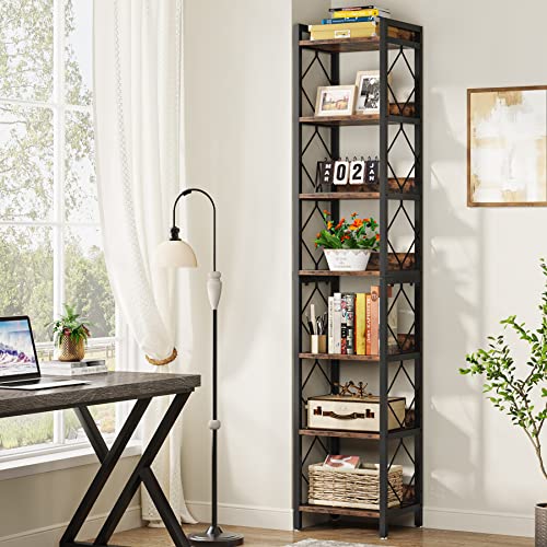 Tall Narrow Bookshelf 78.7 Inch - Rustic Brown, Space-Saving Corner Bookcase